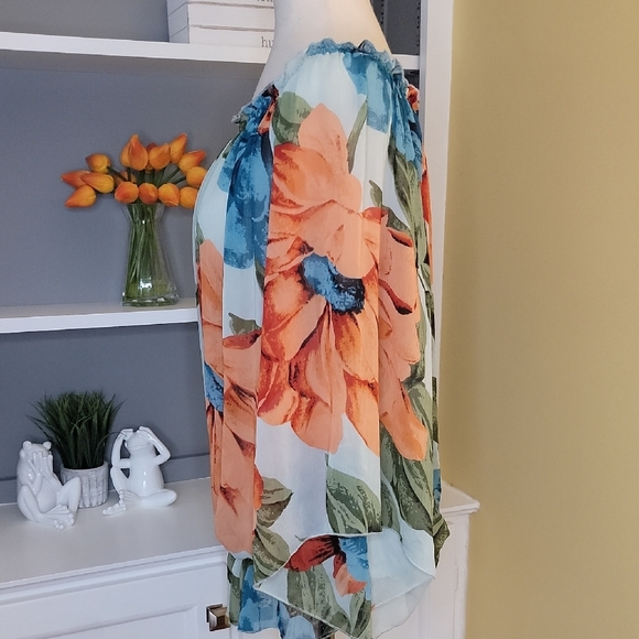 Floral Off-Shoulder Blouse Sheer Blue Teal Orange Green - Picture 5 of 12